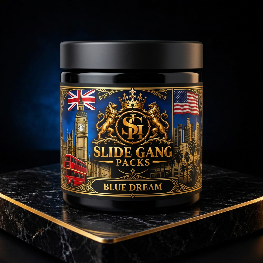 Blue Dream branded jar concept with London and West Coast USA graphics